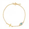 (Thumb 1) GIRL'S BRACELET K14 WITH GOLD CROSS AND MOTHER OF PEARL EVIL EYE