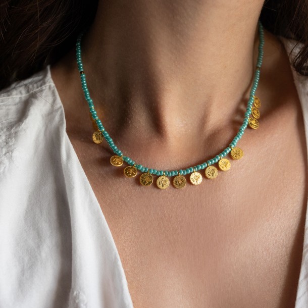 (Preview 1) Turquoise Coin Necklace – Boho Chic Χειροποίητο Κολιέ