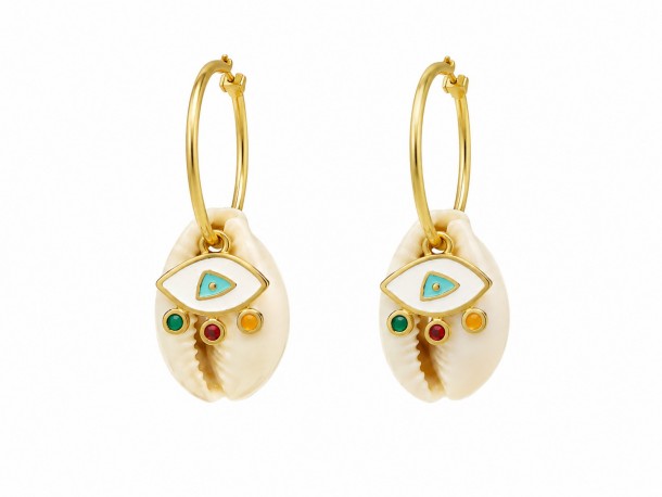 (Preview 1) Evil Eye Shell Hoop Earrings