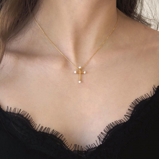 (Preview 5) WOMEN'S CROSS NECKLACE WITH PEARLS 925