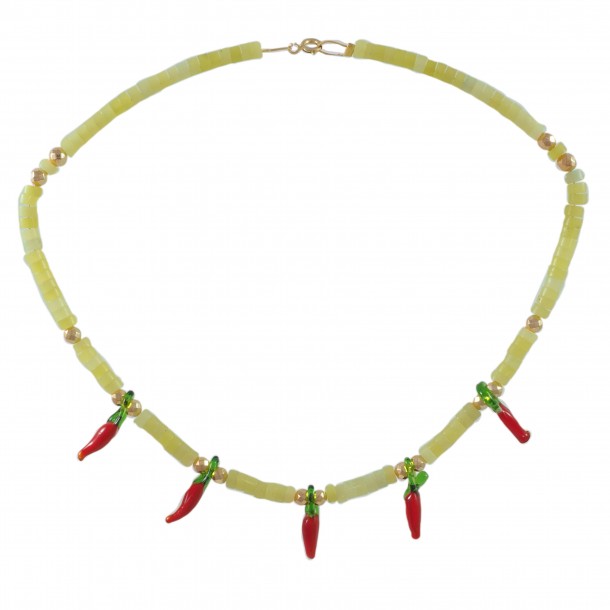 (Preview 1) WOMEN'S NECKLACE WITH GREEN BEADS AND MURANO PEPPERS