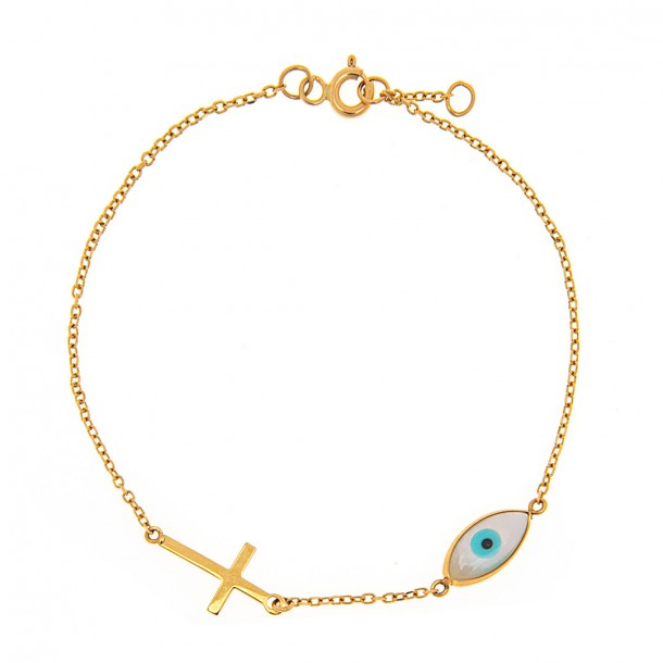 (Preview 1) GIRL'S BRACELET K14 WITH GOLD CROSS AND MOTHER OF PEARL EVIL EYE