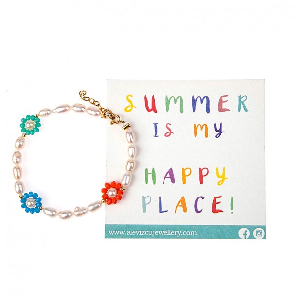 (Preview 1) BRACELET WITH PEARLS AND MULTICOLORED FLOWERS