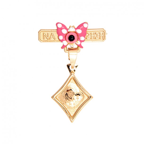 (Preview 1) GOLD AMULET K14 WITH CHRISTIAN ICON AND A PINK BUTTERFLIES