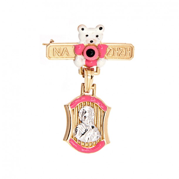 (Preview 1) GOLD AMULET K14 WITH A  CHRISTIAN ICON AND A PINK TEDDY BEAR