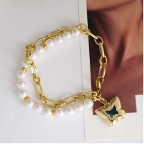 Emerald butterfly Pearl Chain Bracelet