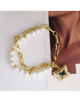 Emerald butterfly Pearl Chain Bracelet