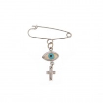 WHITE GOLD PIN 14K WITH EVIL EYE AND CROSS