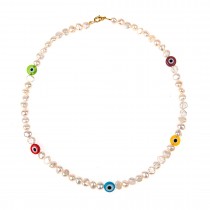 WOMEN'S NECKLACE WITH PEARLS AND MULTICOLORED EVIL EYES