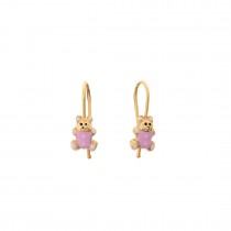 GIRLS DANGLE EARRINGS WITH PINK BEARS - SOLID GOLD 14K