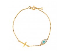GIRL'S BRACELET K14 WITH GOLD CROSS AND MOTHER OF PEARL EVIL EYE
