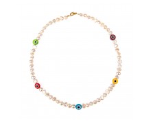 WOMEN'S NECKLACE WITH PEARLS AND MULTICOLORED EVIL EYES